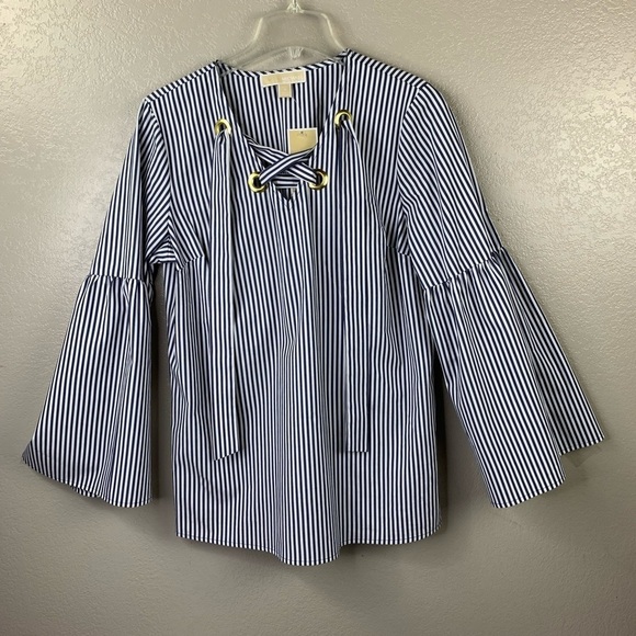 Michael Kor Blue & White Stripe Bell Sleeve Top Medium NWT Nautical - Picture 5 of 8